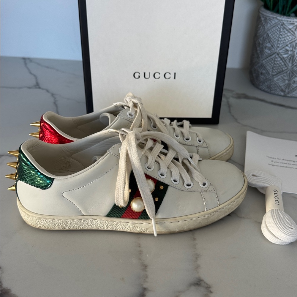Gucci White Sneakers with Red and Green Details